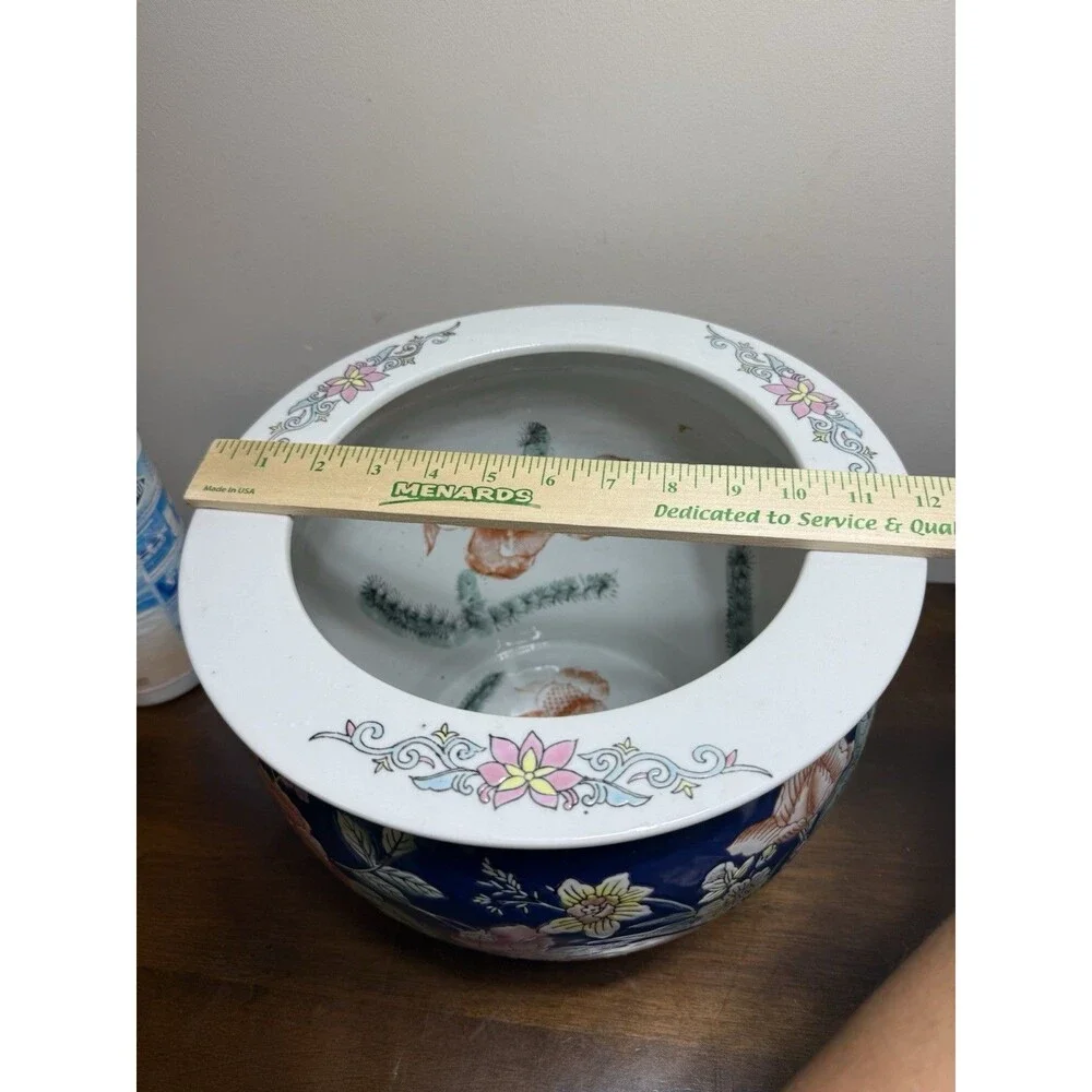 Vintage Porcelain Asian Fish Bowl Planter Pot Koi Chinoiserie 12x10 Blue Floral
